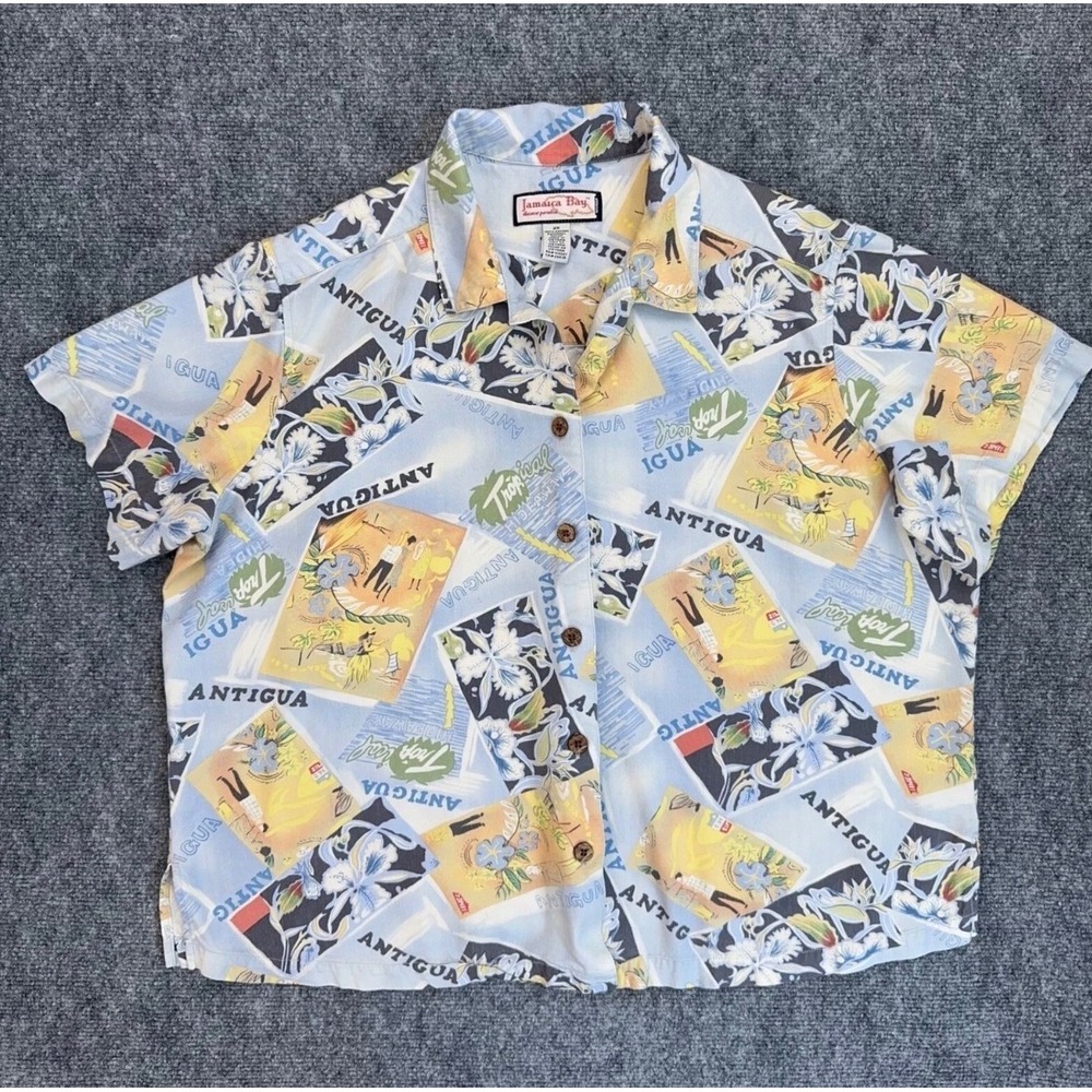 Jamaica Bay Shirt Womens 2X Button Up Tropical Antigua Postcard Print Rayon Too